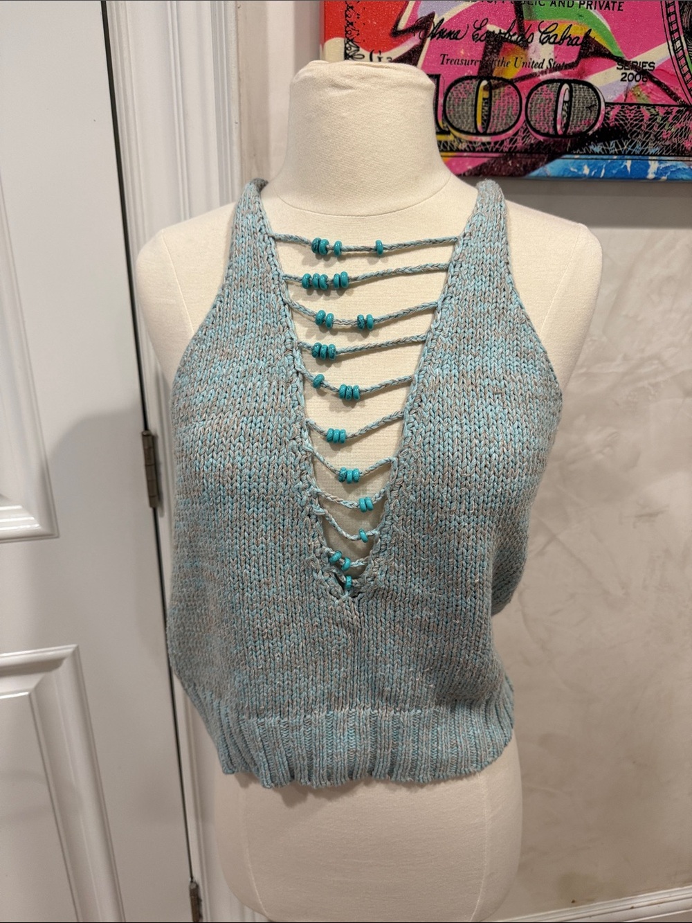 DANNIJO Sky Blue Knit Halter Tank with Beaded Lace-Up Front